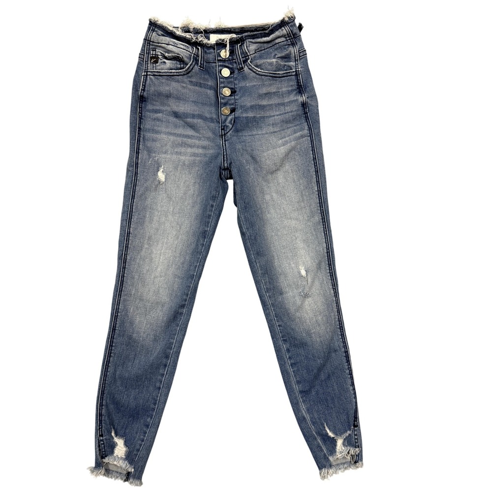 KanCan Jeans Womens 5 26 Blue High Rise Button Fly Distressed Skinny Raw Hem